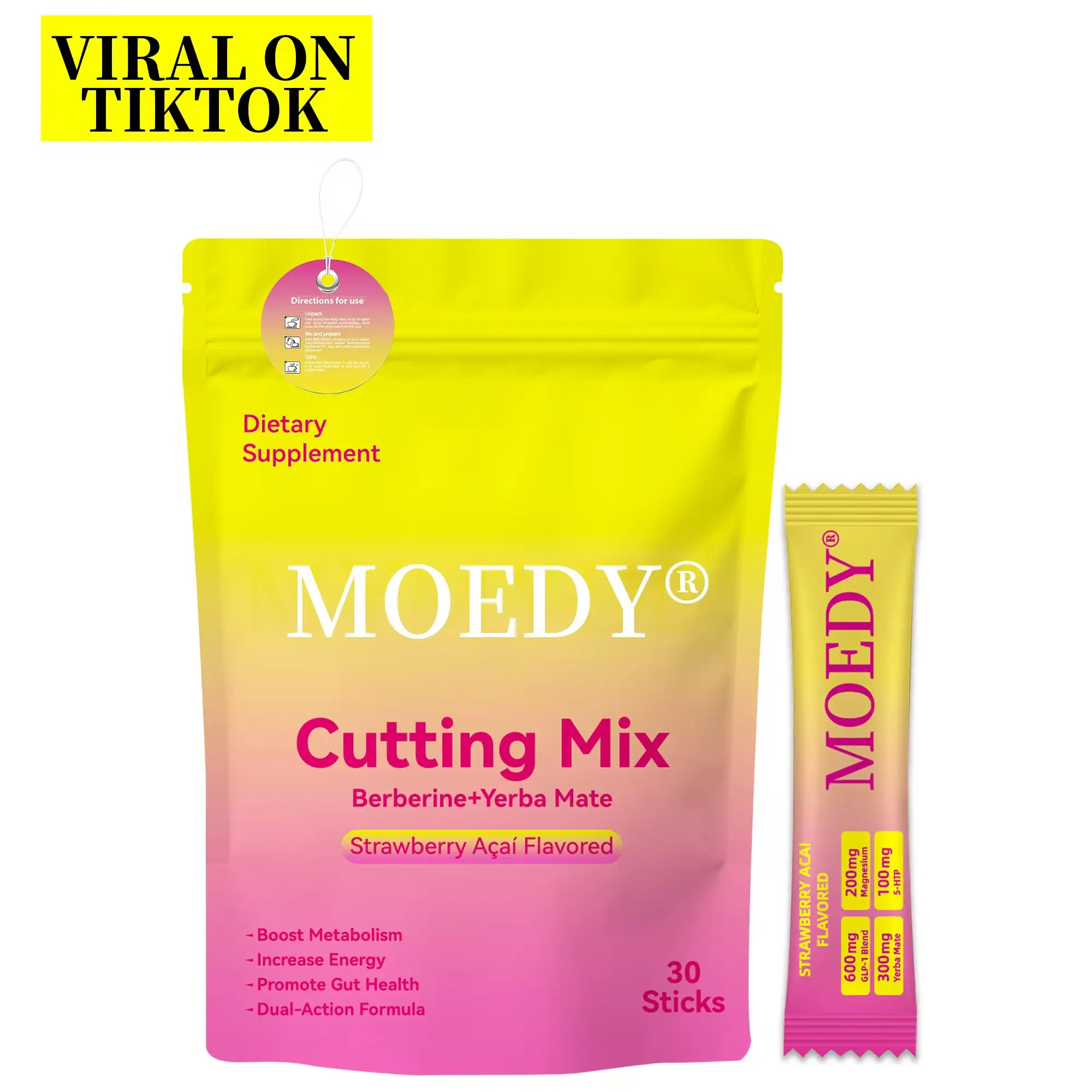 MOEDY Strawberry Acai Dietary Cutting Supplement - Berberine + Yerba Mate, Vitamin-Infused Fitness Drink for Gym Goals, Metabolism & Energy Support, 30 Sticks