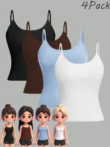 4-Pack Teen Girls' Plain Strappy Tank Tops, Soft Stretch Material, Fitted Comfortable, Versatile All-Season Wear, Invisible Layering
