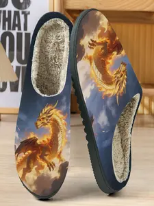 Flame Dragon Theme Luxury Cotton Slippers, Cloud Sky Background, Golden Scales, Winged Dragon Image, Soft Plush Lining, Casual Home Wear