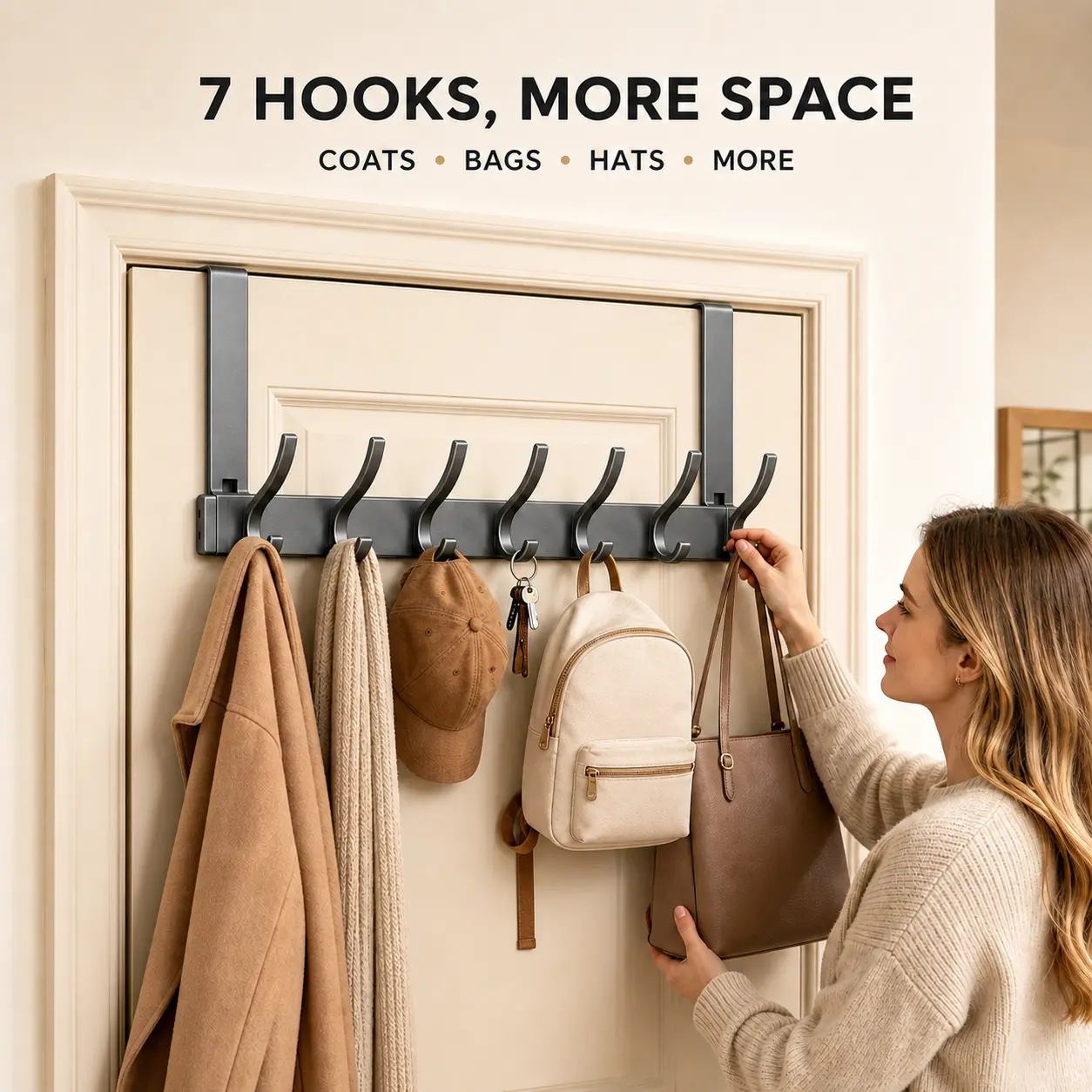 Over-the-Door Metal Hook Coat Rack - 7 Wide Hooks, No-Drill Installation, Space Saver for Renters, Organize Items in Bedrooms, Entryways