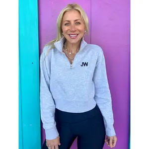 Cropped Initial Gray Embroidered Quarter Zip