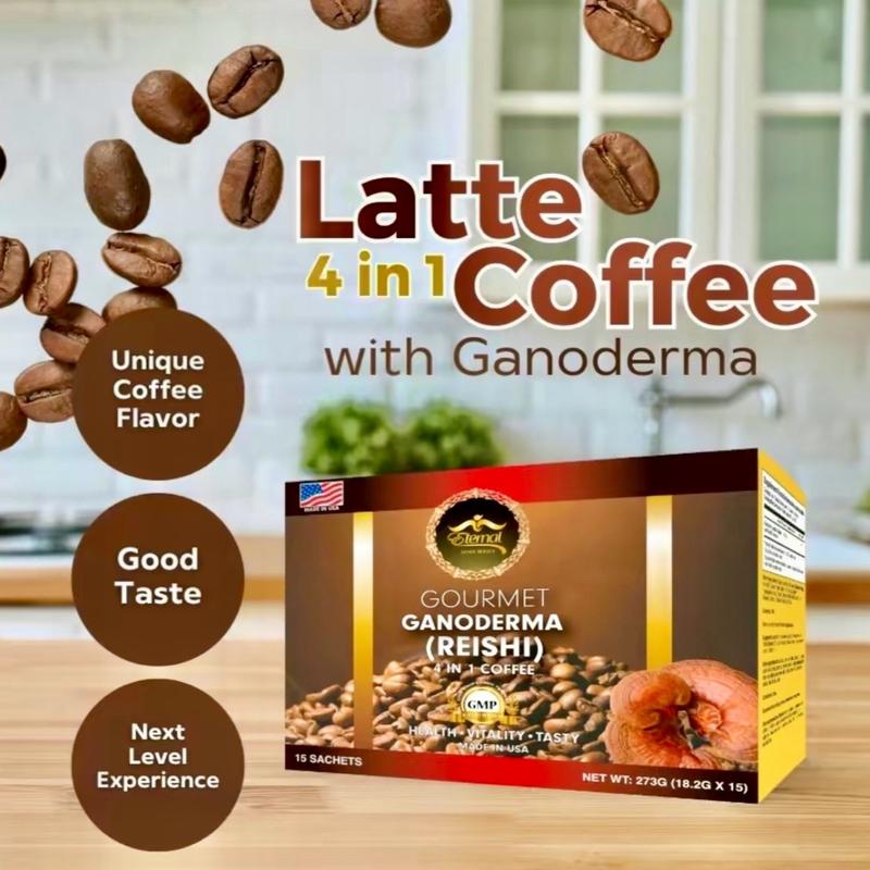 Eternal Spirit Gourmet Ganoderma Reishi 4-in-1 Coffee Latte - 15 Sachets Bean Beverage Made with Ganoderma Health Benefits US Made