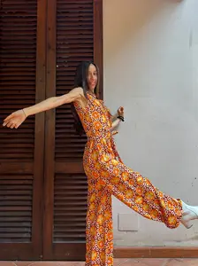 RETRO STAGE Women's 1970s Vintage Belted Waist Jumpsuit - Lady's V-Neck Sleeveless Floral Boho Outfits, Breezy Fitted Cut Summer Lounge Overalls Set