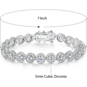 GEMSME 5mm CZ Round Cubic Zirconia Halo Tennis Bracelets for Women Men Hiphop Classic Elegant Fashion Trendy Design ATS61500 Copper Bracelet 18k White Gold Plated Hypoallergenic