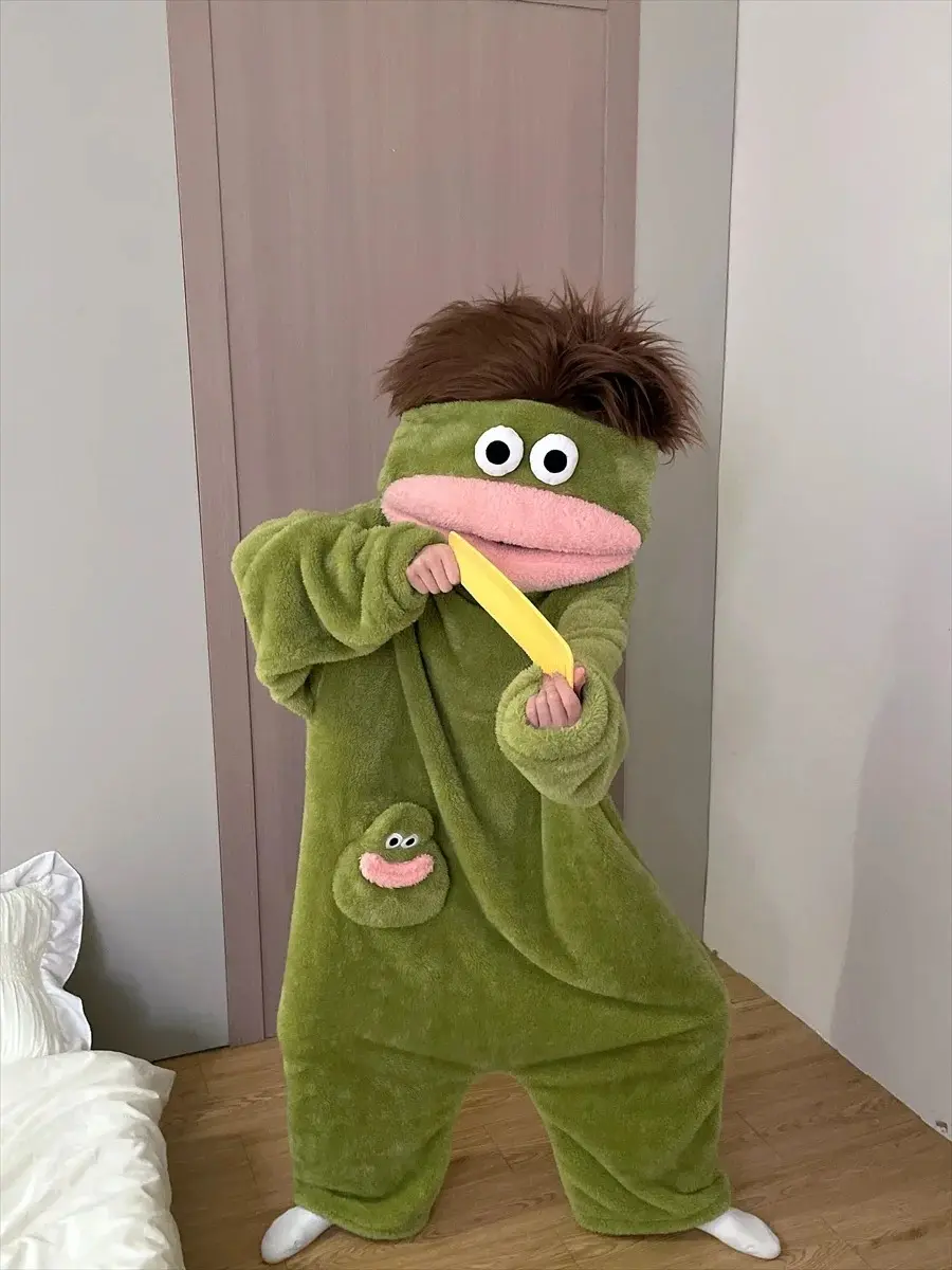 Big Mouthed Monster Jumpsuit Winter Coral Fleece Thickened Ugly Cute Funny Abstract With Hair Ugly Fish Home Clothes Green Blue