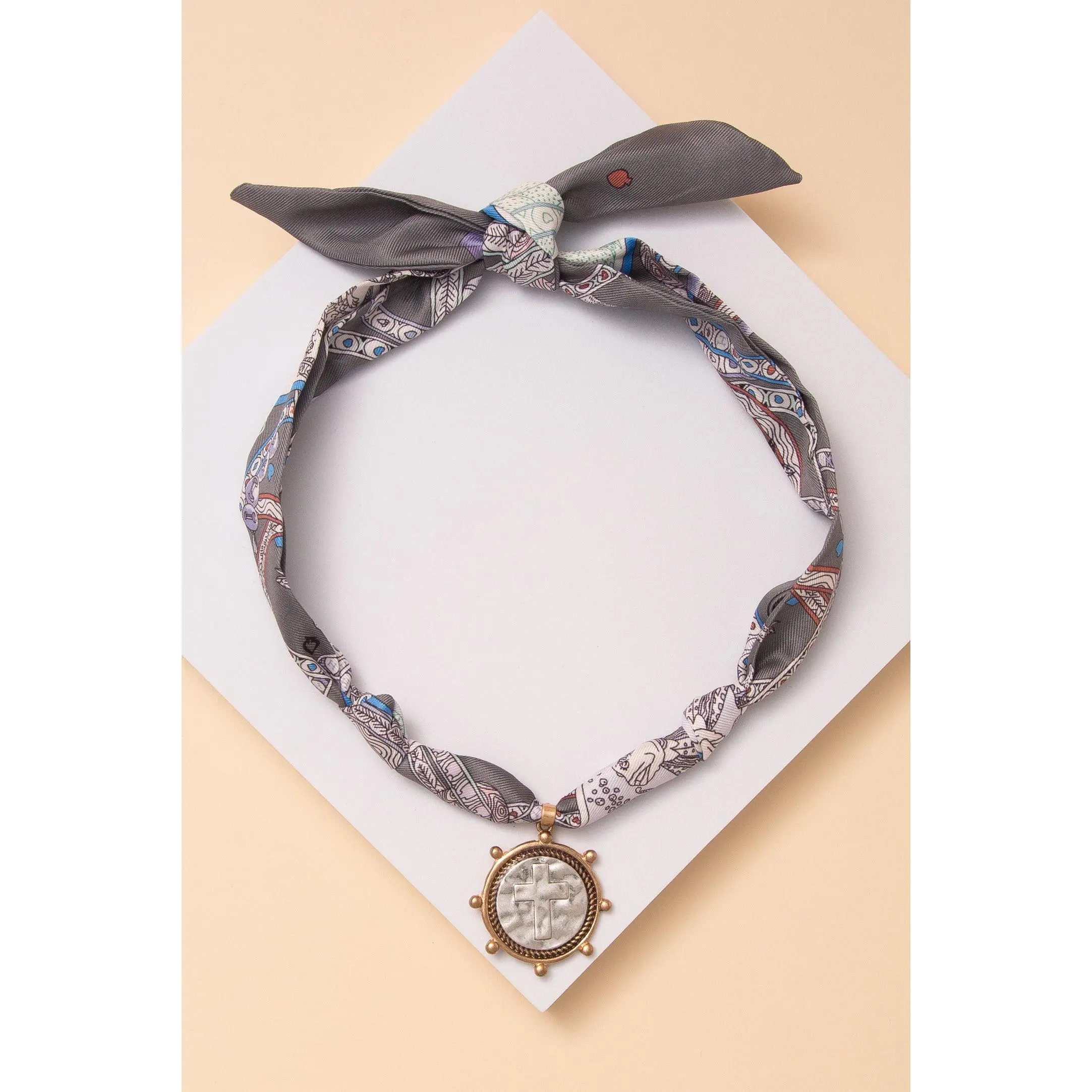 Kimberly Fabric Braided Bandana Necklace with Cross Coin Pendant