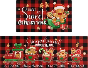 Christmas Kitchen Rugs and Mats Set of 2,Buffalo Plaid Gingerbread Hot Cocoa Xmas Winter Holiday Sink Floor Mat Non Skid Washable for Home Farmhouse Christmas Decor 17"x47"+17"x30"