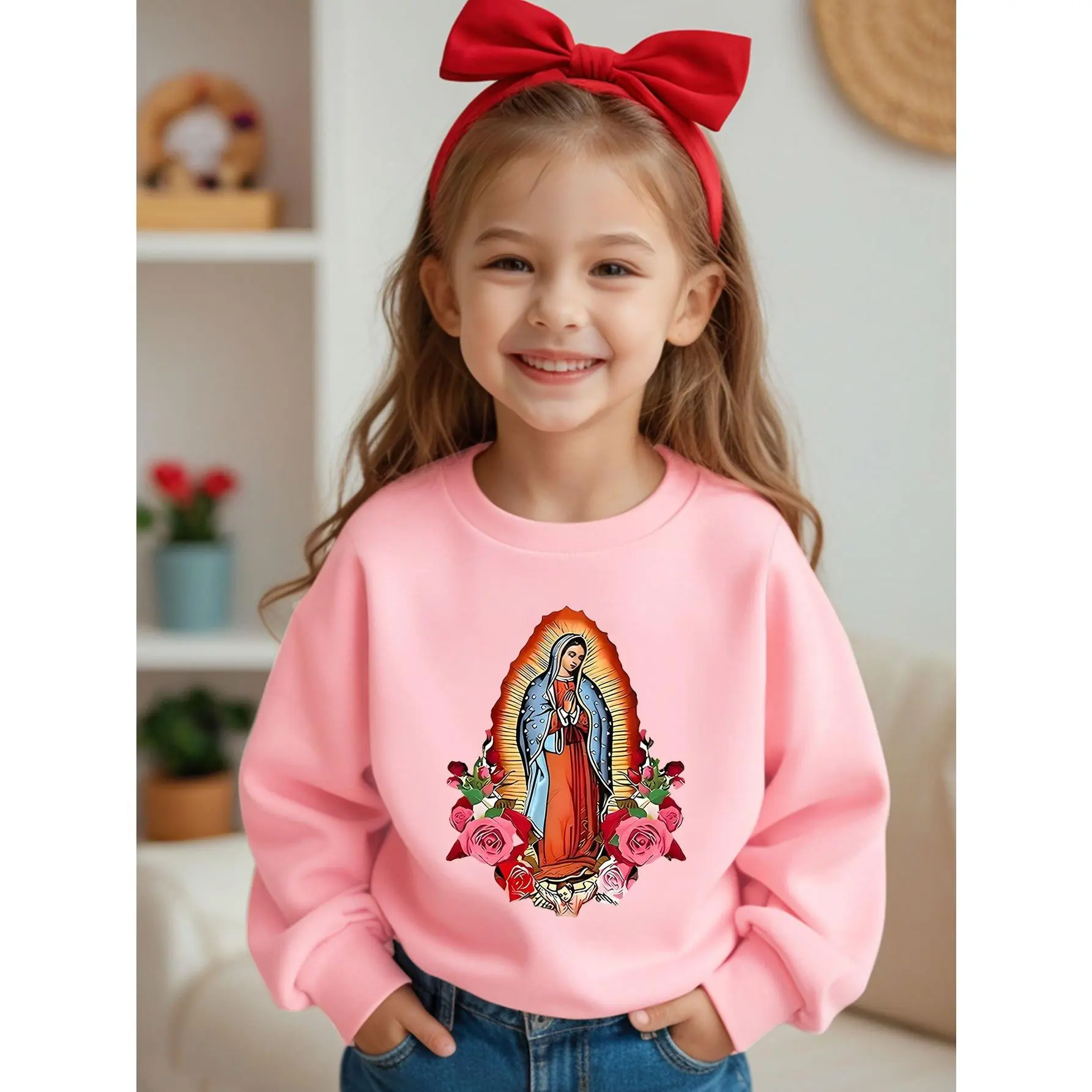 ' Virgin Mary Print Sweater - Round Neck Winter Sweater Dress-like Top, Slimming Casual Uniform for Church Events & Casual Attire, - Warm Fall/Winter Outfit (Hand Washable, Non-) - Iconic Mary Apparel, Party, Cotton