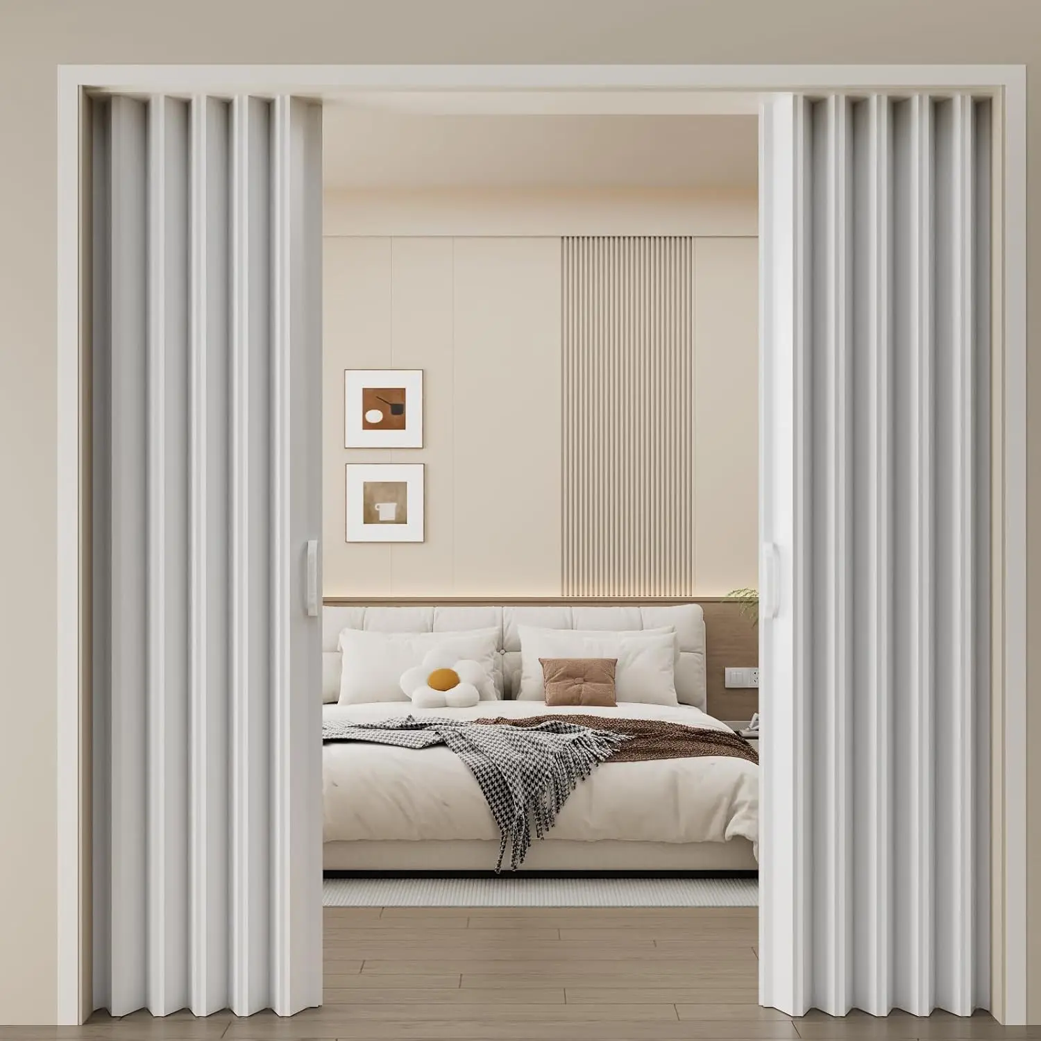 59“ X 78” White PVC Accordion Door, Folding Accordion Doors, Bifold Portable Interior Folding Door with Mounting Hardware, Handle, for Closet Bathroom Doorways
