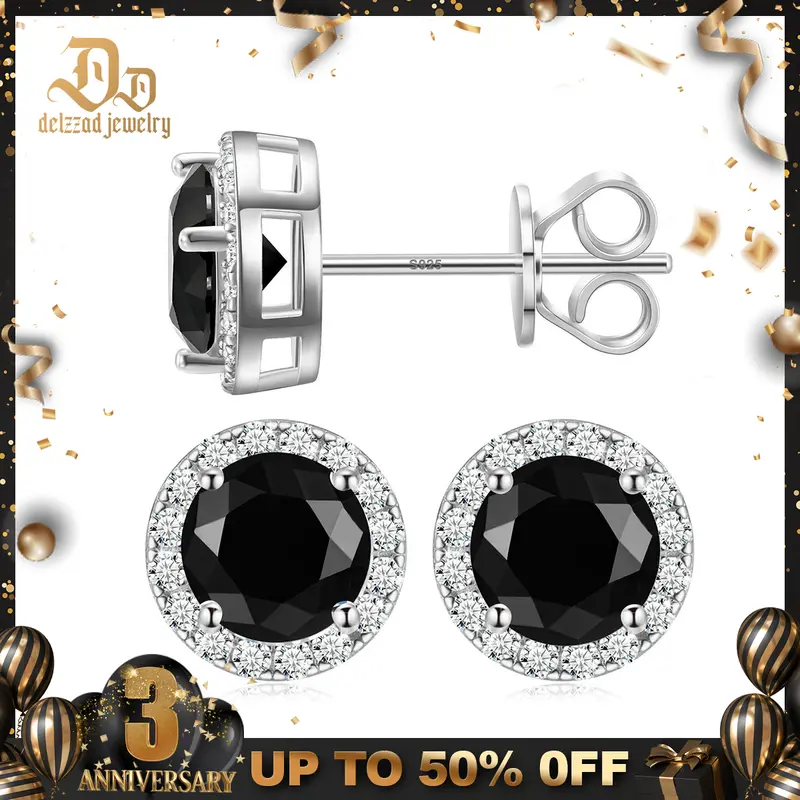 Delzzad Halo Stud Earrings VVS Black Synthetic Moissanite Stud Earrings S925 Studs Birthday Anniversary Mother's Day Christmas Gifts for Men Women
