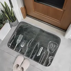 Black - White Utensils Sketch Pattern Entry Mat, Original Color, Soft Thickened, Non - Slip Bottom, Easy to Clean & Machine - Washable, Multiple Specs, Suitable for Kitchen, Bathroom, Indoor Entrance, Runner, Bedside, Kitchen, Corridor, Sponge Carpet