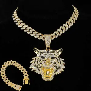 Fashion Hip Hop Tiger Pendant Necklace with Cuban Chain Bracelet Set - Unisex Cuban Chain Couple Necklace, Party Holiday Gift Maximalist Jewelry Diamond