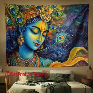 2D Flat - 2D Flat - A Vibrant Tapestry Featuring The Indian Deity Krishna, Made from Polyester, Perfect for Festive Party Decorations. This 2D Flat Print Can Be Used As Wall Art in Your Home, Living Room, Bedroom, Garden, Office, Or Studio