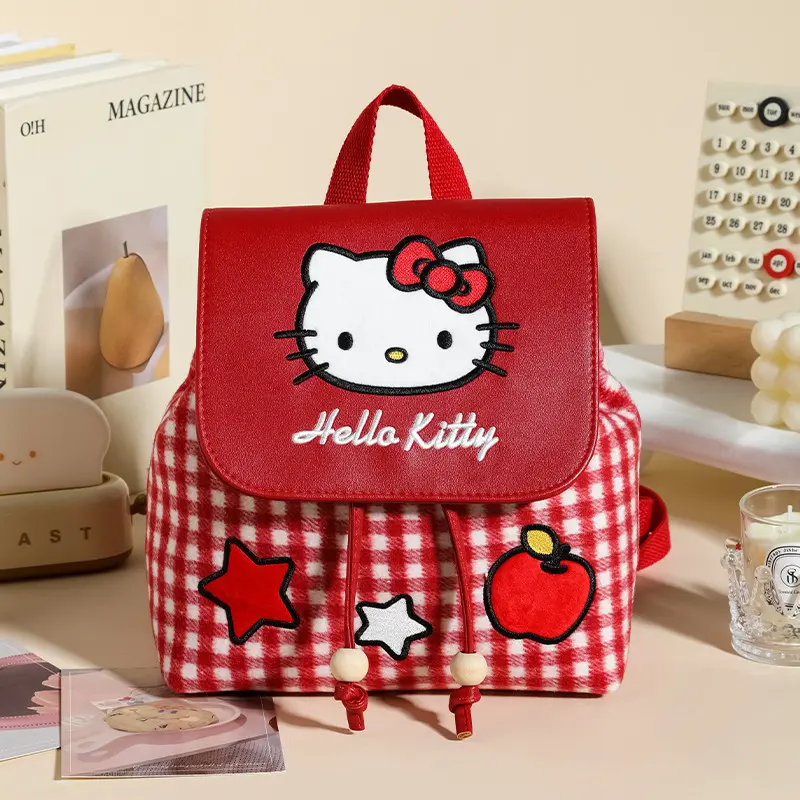 L Sanrio Embroidered Canvas Checkered Large-Capacity Backpack, Kitty Shoulder Bag, Crossbody Bag, Bucket Bag