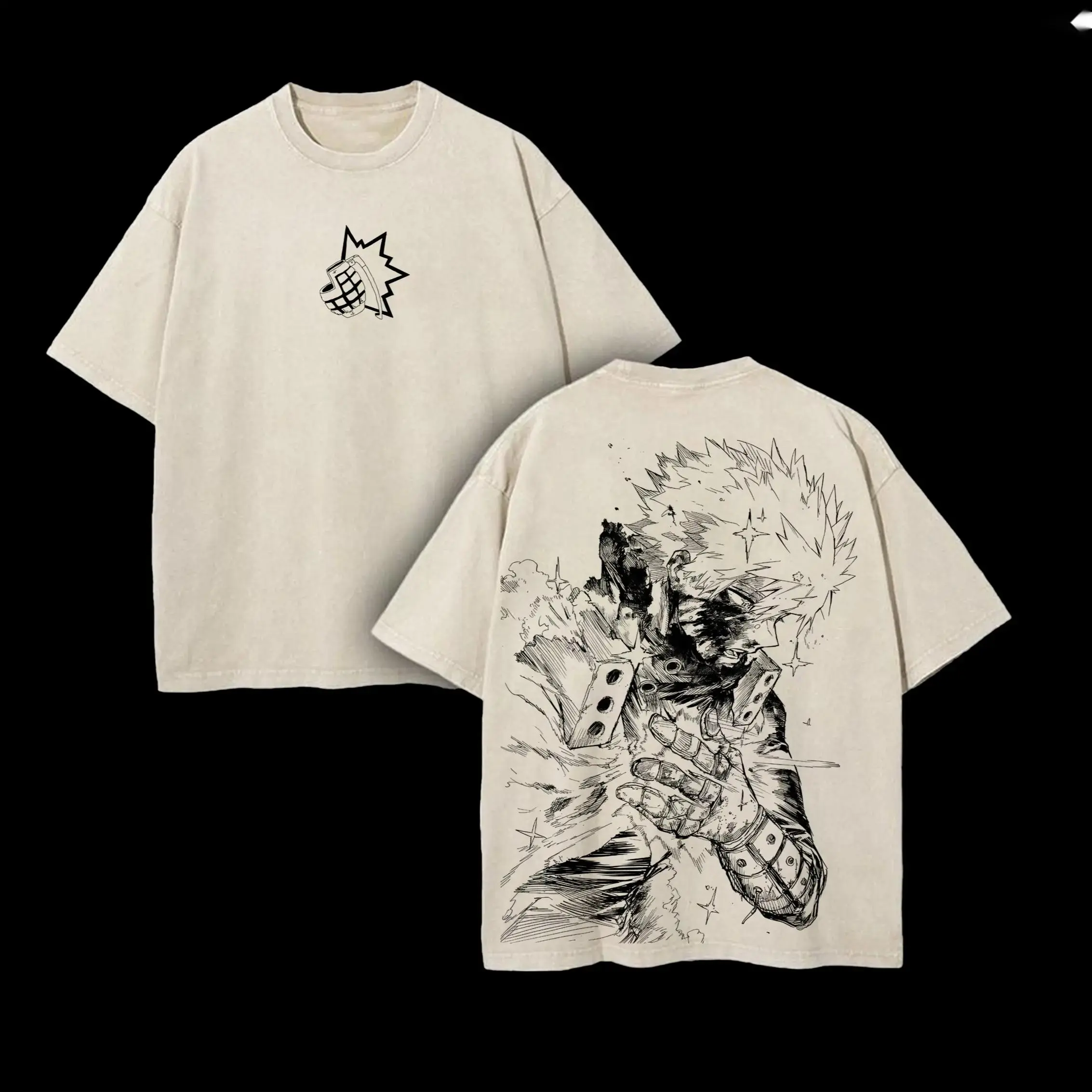 Katsuki Bakugo My Hero Academia Double Printed Vintage Washed 230gsm Heavy Cotton Oversized Anime Graphic Tee — Explosion Quirk Streetwear Unisex T-Shirt, MHA Dark Retro Aesthetic, Daily Gift for MHA Otaku