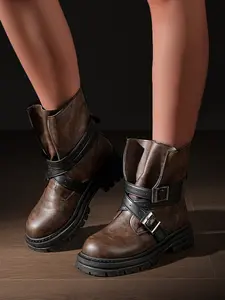 New Retro Classic Belt Buckle Short Boots for Women, Fall & Winter British Style Thick Sole Boots, PU Leather Above Ankle Shoes