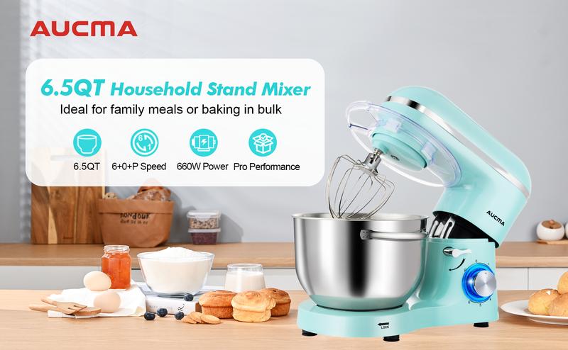 Aucma 6.5QT Stand Mixer with Upgraded Motor | 6-Speed Tilt-Head Electric Food Mixer with Stainless Steel Bowl Dough Hook Whisk & Beater for Baking & Mixing Kitchen Appliances