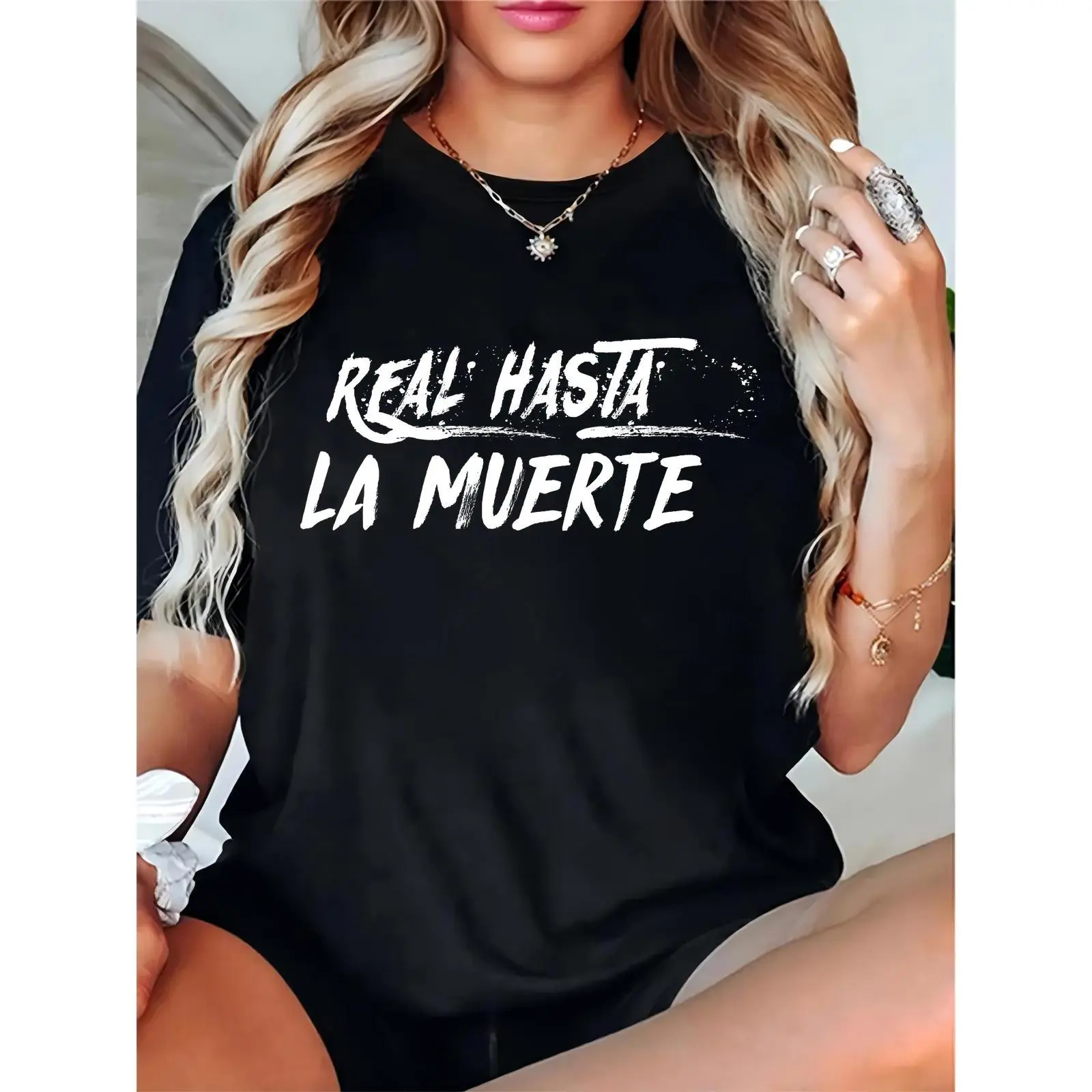 Women's Black "Real Hasta La Muerte" Spanish Quote Cotton T-Shirt - S-XXXL Round Neck Short Sleeve Casual Day Streetwear Essential Feminine Elegant Fit Top (Pair with Skirts)