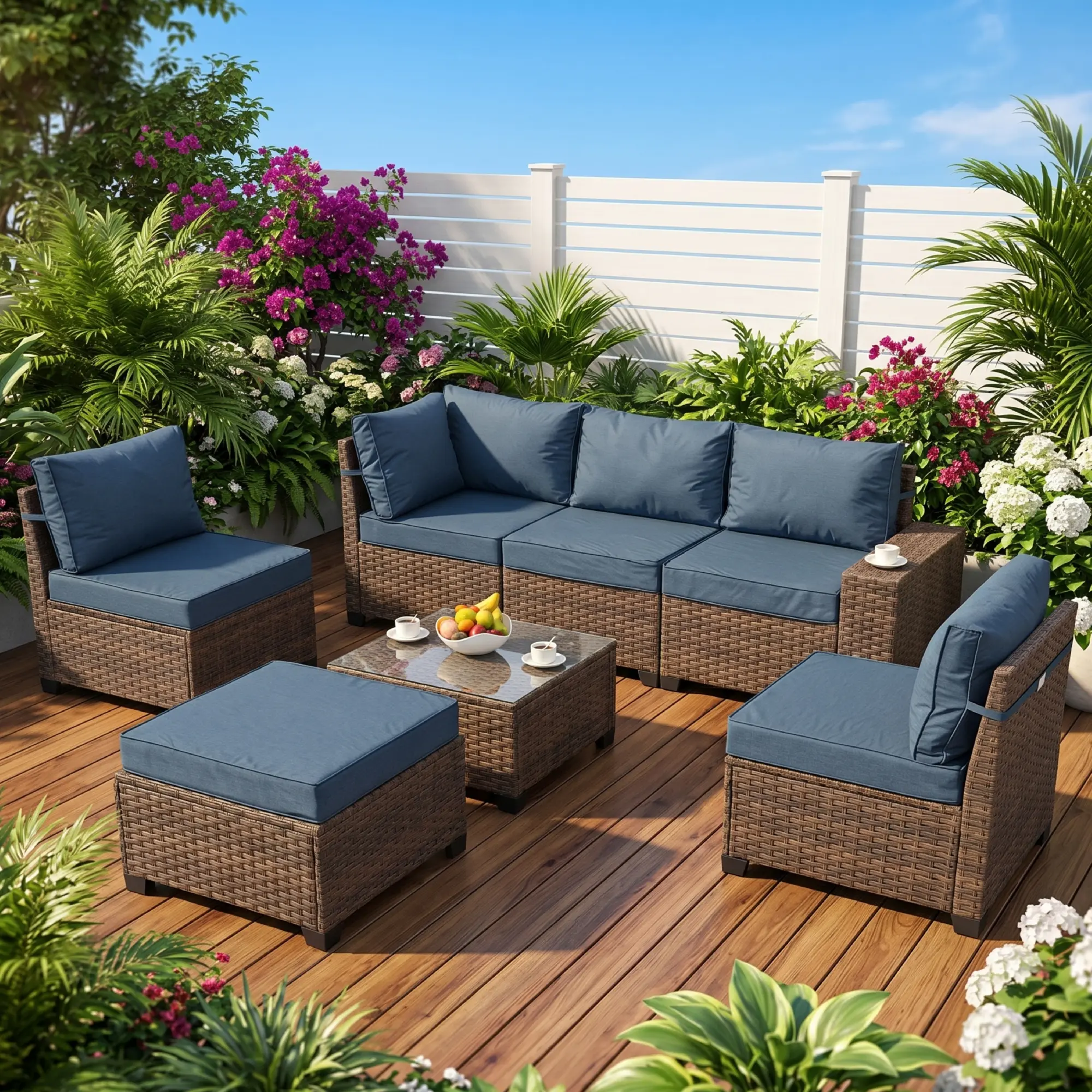 ZOPATICO 7 Pieces Outdoor Rattan Sofa Set, Weather Resistant Wicker Patio Furniture Set with Cushions & Coffee Table, Garden Backyard Porch Conversation Seating Set