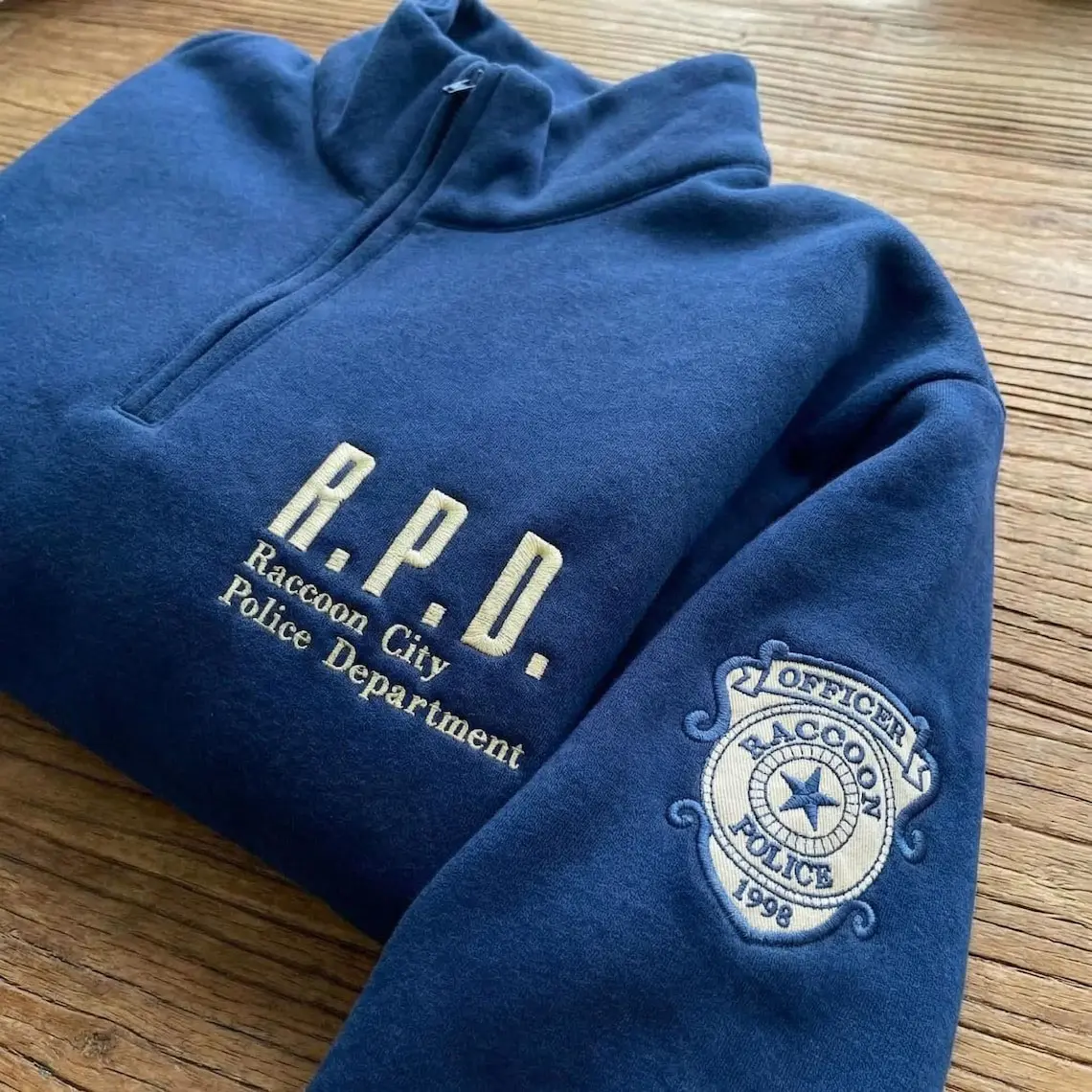 Women's Fitted Half Zip Sweatshirt, Long Sleeve Gamer Top with Embroidered RPD Raccoon City Logo for Horror Game Fans, Hoodie, Lady, Tops, Longsleeves, Quarter Zip, Clothes