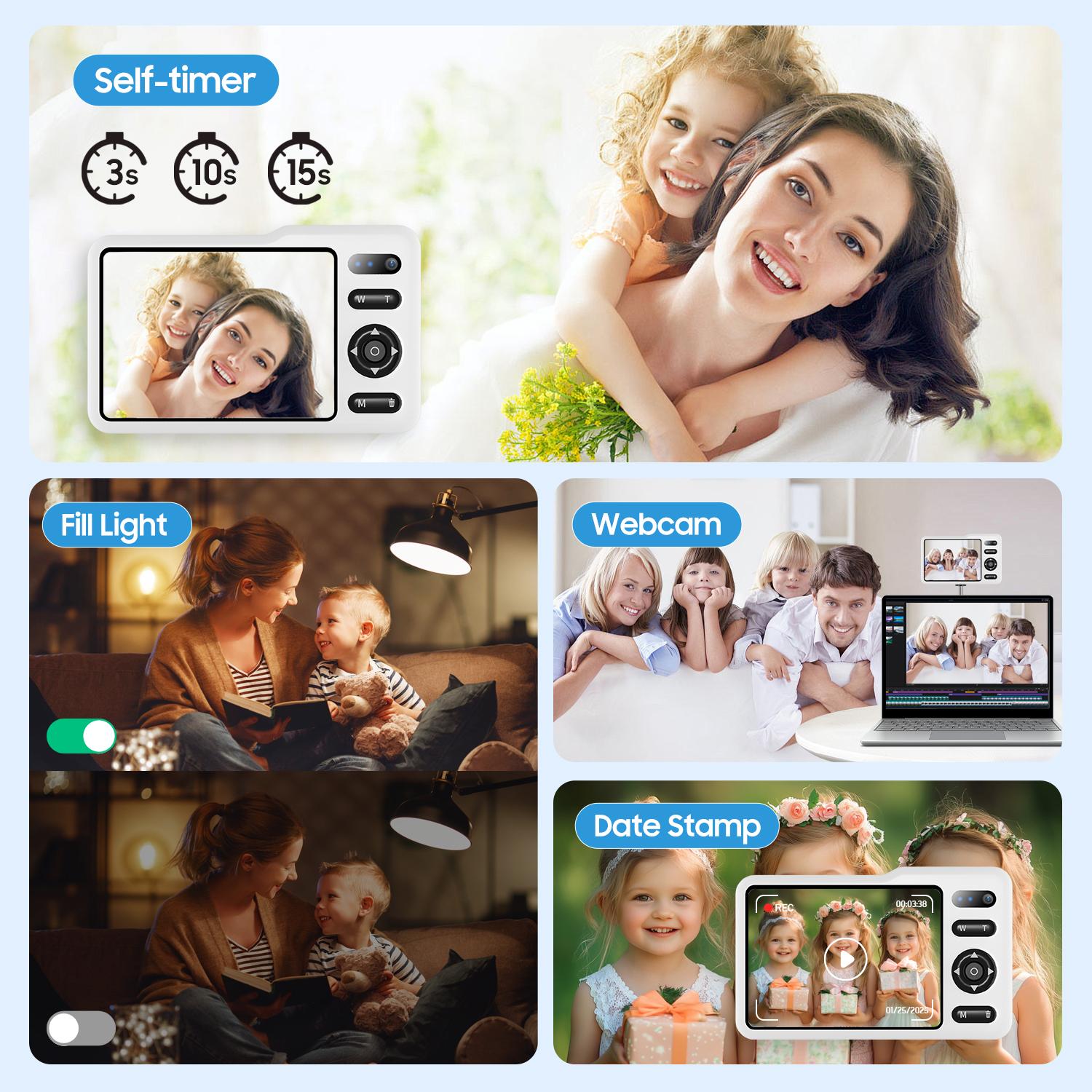 A kids' camera! Capture precious childhood memories without phone distractions. 64MP photos, 1080P video, 16x zoom, autofocus, stabilization and flash. 0.25 lbs lightweight, with 2 batteries and 64GB card included. Ideal gift. Digital Digital Portable