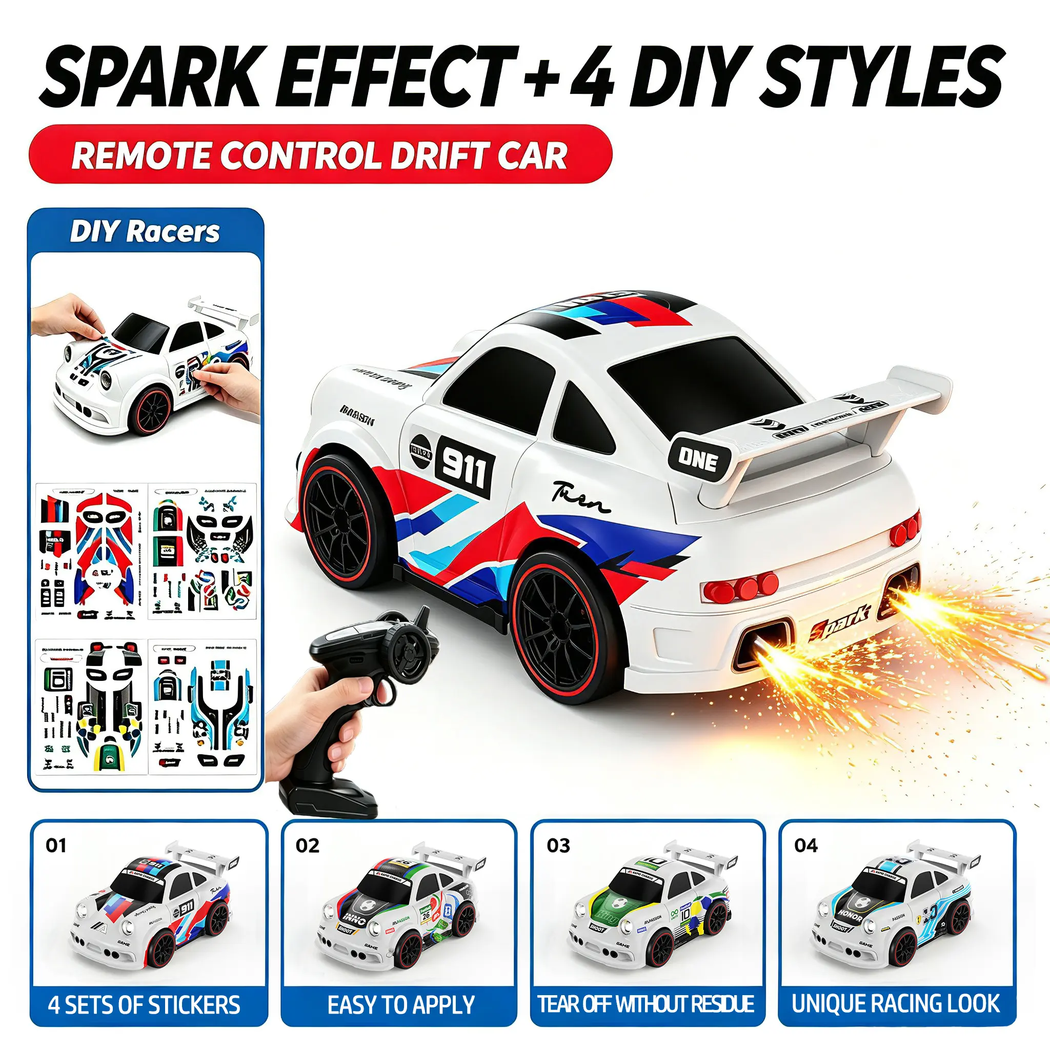 Spark RC Drift Car - Rechargeable High-Speed Remote Control Car for Kids and Adults, LED & DIY Stickers, Hobby Toy Gift