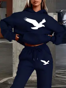 Hooded Sweatshirt Set, Fall & Winter Warm Clothing, Eagle Silhouette Outdoor Print, Casual Fashion, Loose Fit, Womenswear