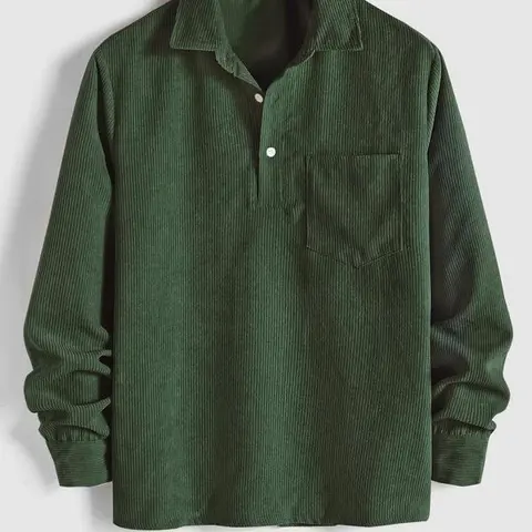 Men's Plain Pocket Half Button Corduroy Shirt, Casual Comfy Regular Fit Long Sleeve Collared Top For Fall & Winter, Men's Clothes For Daily Wear