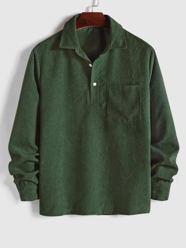 Men's Plain Pocket Half Button Corduroy Shirt, Casual Comfy Regular Fit Long Sleeve Collared Top For Fall & Winter, Men's Clothes For Daily Wear