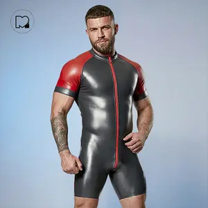 Mysteryskin Men’s Zip-Front PU Leather-Look One-Piece Romper, Short Sleeve, Black/Red