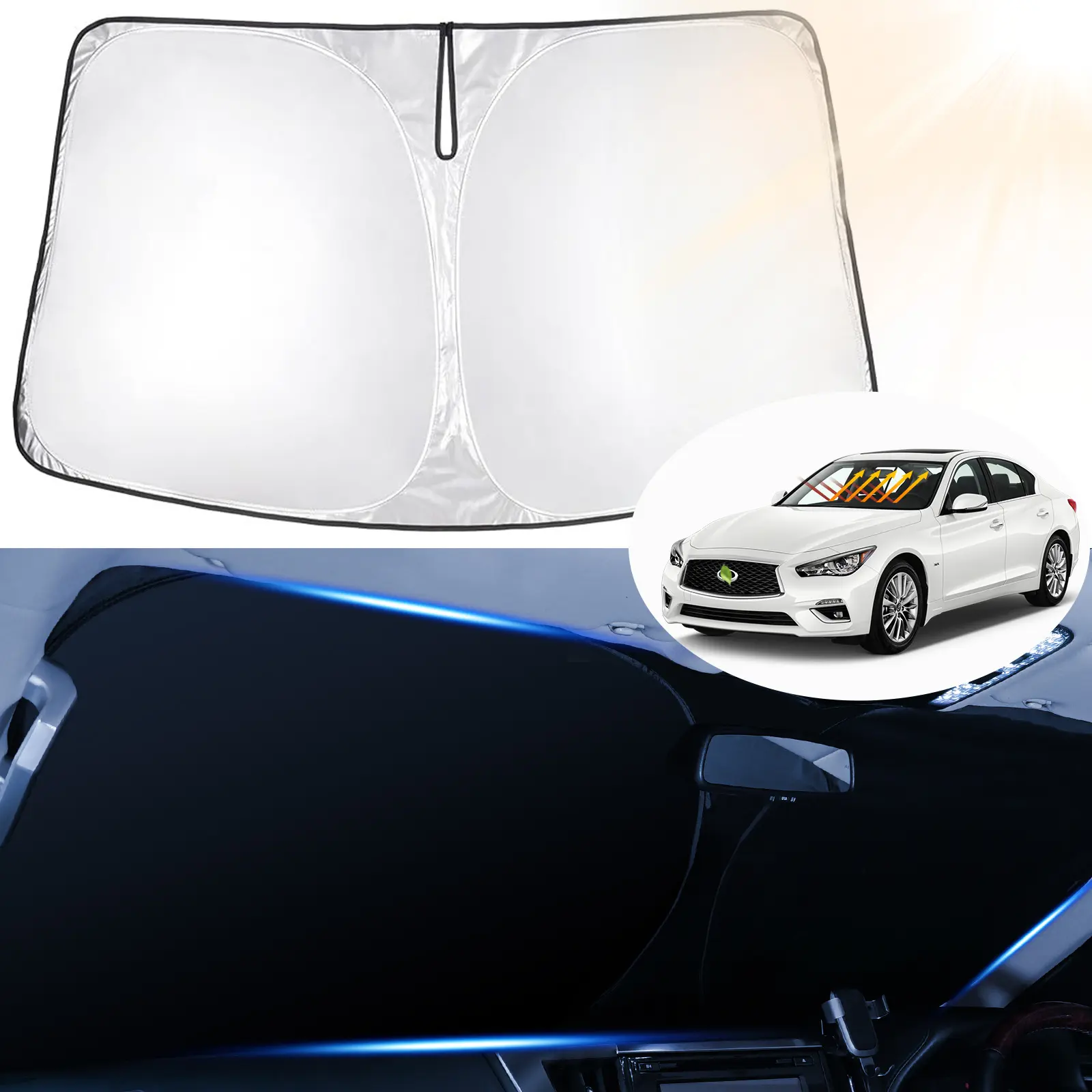 Canvcle Custom Fit Car Windshield Shade Cover - Foldable UV Protective Sunshade for Infiniti Q50 2014-2024, 5-Layer 240T Silver Black Sun Protection Front Window, UV Blocking Solar Shade, Energy Saving