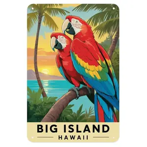 Macaw Parrot Tin Sign, Vintage Hawaii Macaw Parrot Metal Sign Print Aesthetic Room Decoration for Home Bedroom Kitchen Bar Coffee Bathroom Indoor Outdoor Wall Decor, 8 X 12 in