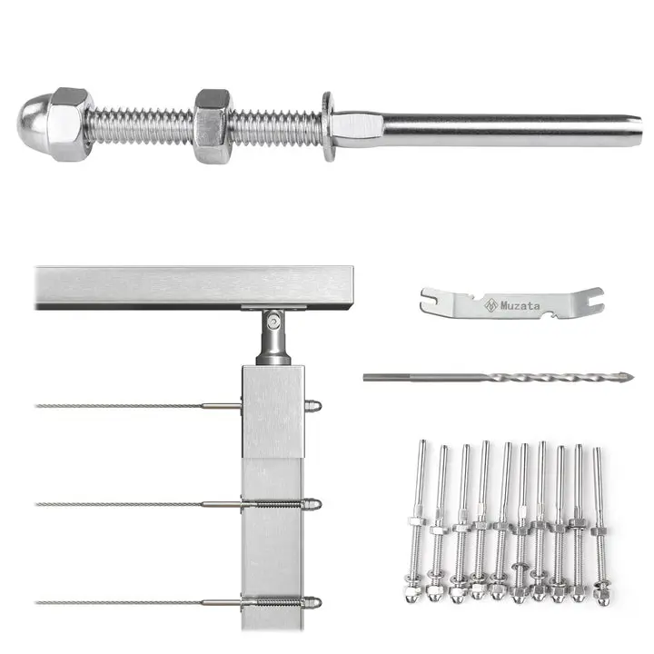 Muzata Cable Railing Kit Hand Swage Threaded Stud Tensioner for Metal Post Deck Stair Railing Hardware Terminal Stainless Steel Marine Grade CR23, CA6