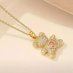 Pink Heart Stone Bear Necklace