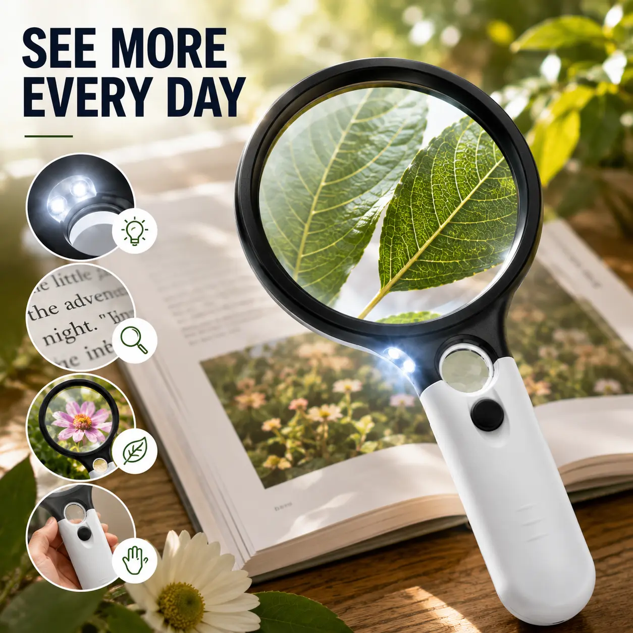 2PCS/1PCS 3X45X Handheld 3LED Magnifier Lighting Reading Magnifier Lens Jewelry Magnifier Great for Reading, Crafts, Hobbies, Black and White Sewing