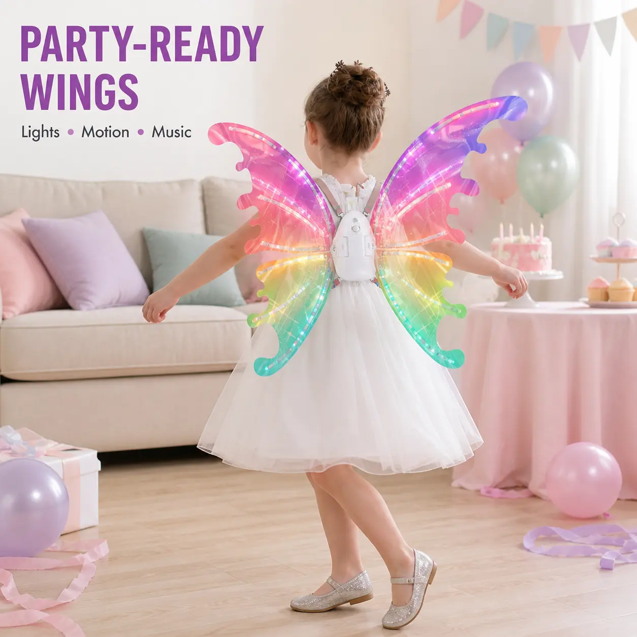 Light Up Butterfly Fairy Wings for Girls, Electric Flapping Wings with LED Lights and Music, Colorful Princess Dress Up Costume Accessory with Adjustable Straps for Kids Birthday Party, Halloween Costume, Cosplay, Pretend Play and Stage Performance