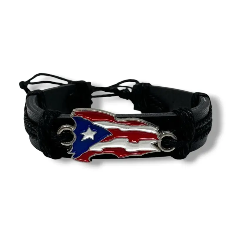 Puerto Rico Flag Leather Bracelet Adjustable Unisex Boricua Wristband Anklet Black Brown Leather PR Flag Charm