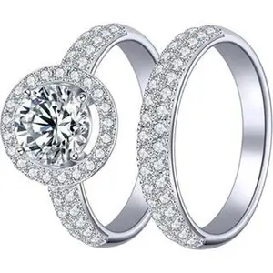 2CT Round Double Halo Moissanite Bridal Ring Set, S925 Silver Full Pave Matching Eternity Band, Luxury Stackable Engagement & Wedding Jewelry for Women queen ring
