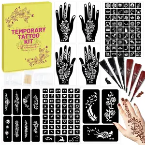 126 PCS Temporary Tattoos Stencils Kit,Temporary Tattoos Kit - 6 Pcs 2 Color(Brown Black) Ink with Gloves,DIY Body Art Painting for Women Men Adults Kids