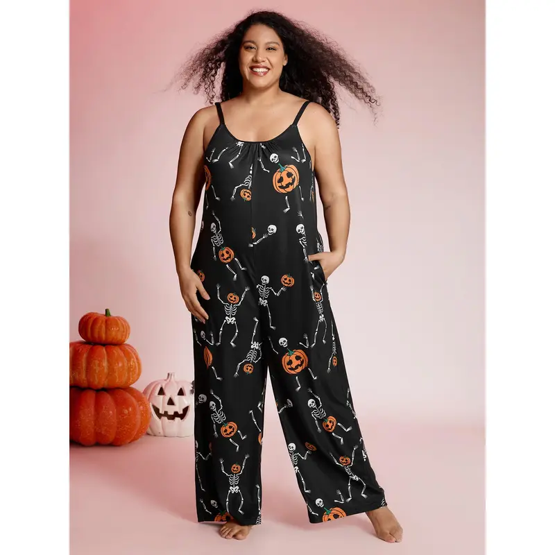 BloomChic Pumpkin Printed Slim-Fit Lounge Jumpsuit 【M-6XL】