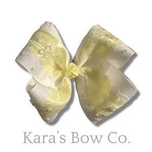 Kara's Bow Co. Southern Grosgrain Hairbow - Elegant Yellow and White Design with Pearl Accents