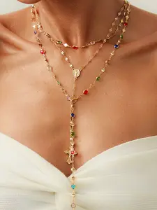 3 Piece Vintage Metal Jesus Cross Y-Style Long Necklace Set, Religious Pendant, Stunning Bohemian Colorful Crystal Pendant for Women, Statement Necklace, Daily Wear Necklace, Perfect for Everyday and Vacation Wear