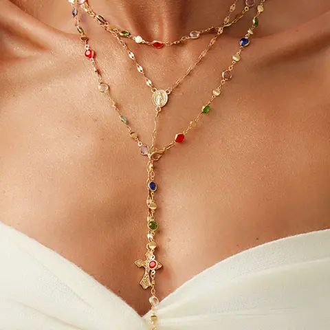 3 Piece Vintage Metal Jesus Cross Y-Style Long Necklaces Set, Religious Pendant, Stunning Bohemian Colorful Crystal Pendant for Women, Statement Necklace, Daily Wear Necklace, Perfect for Everyday and Vacation Wear