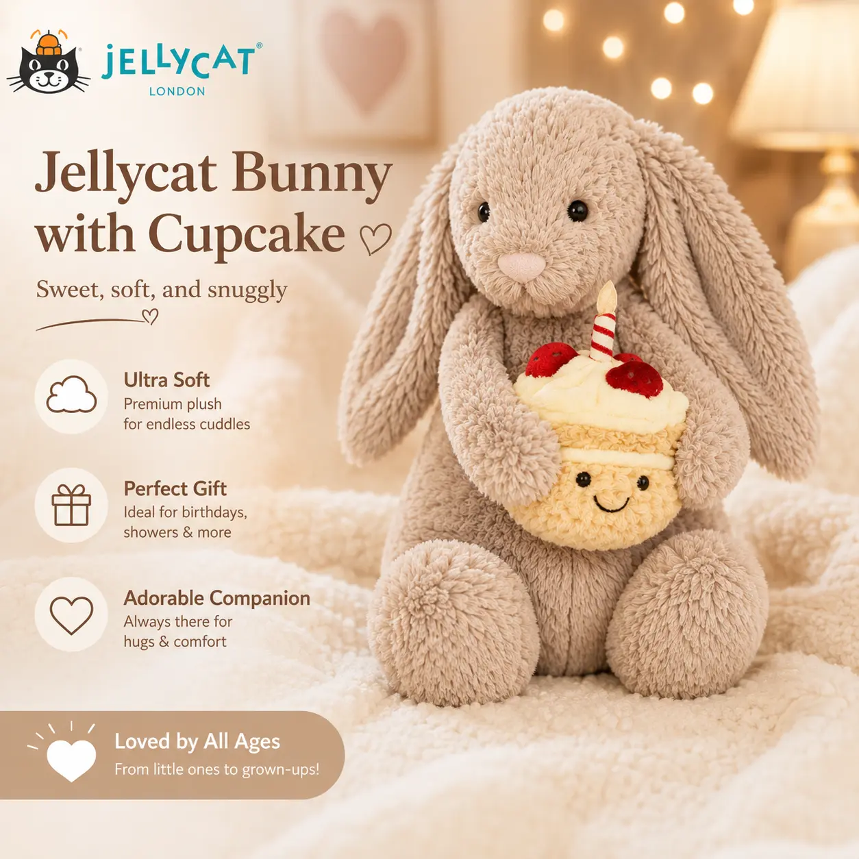 Jellycat Bashful Beige Birthday Bunny Plush with Cake Is a Soft Gift for Kids Birthdays, Baby Shower and Nursery Decor