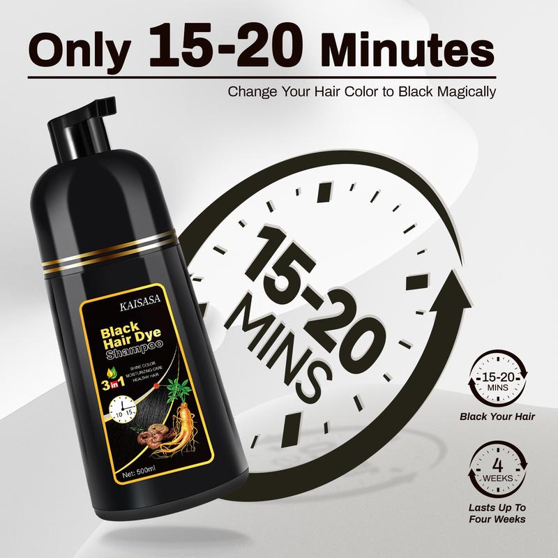 KAISASA Black Hair Dye Shampoo 3 in 1 - Can cover gray hairs, Herbal Ingredients, Contains Ginseng Extract, Natural Haircoloring, Plant Haircare