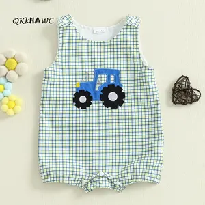 Baby Boys Summer Plaid Jumpsuit Sleeveless Crewneck Tractor Patch Casual Tank Romper