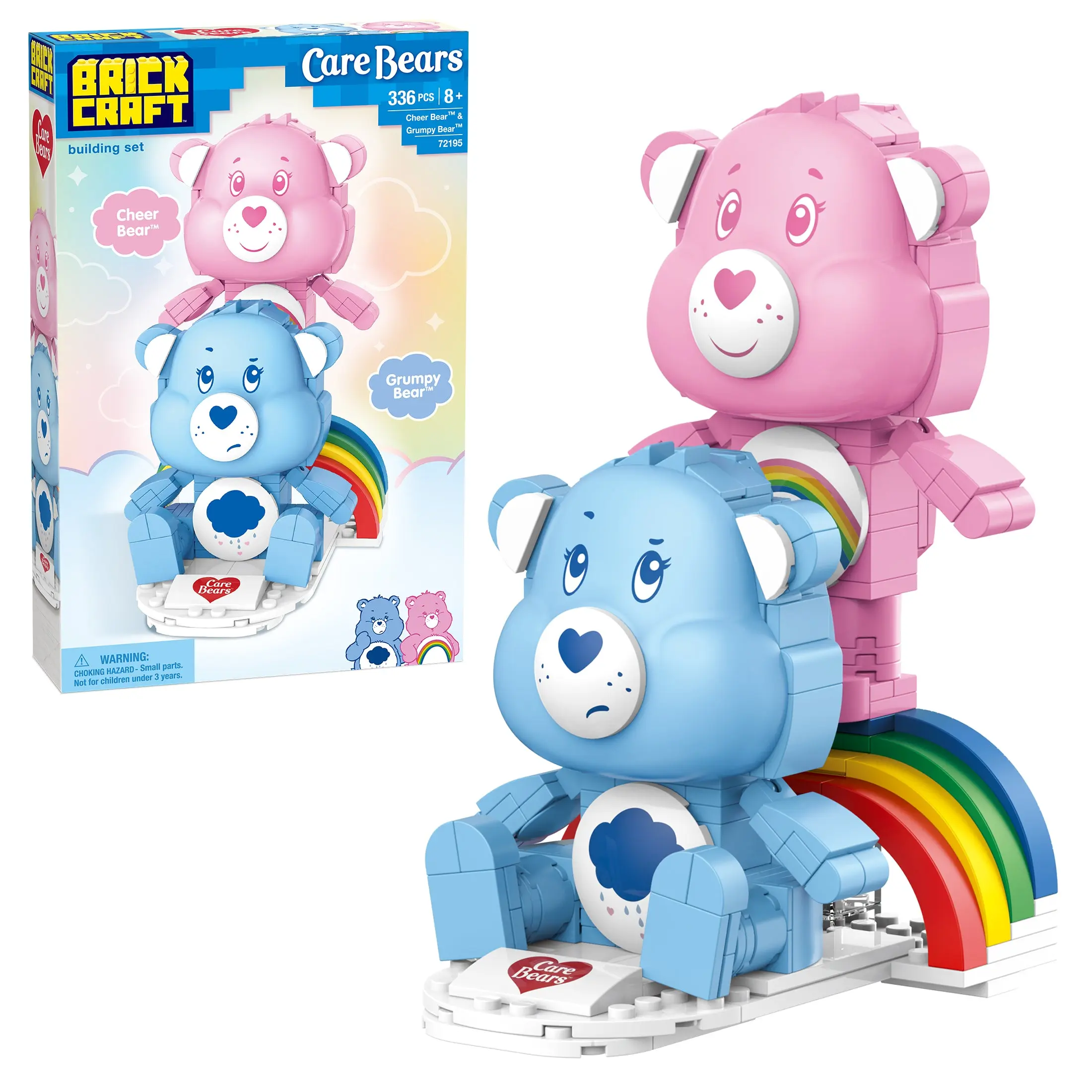 Brickcraft Care Bears Cheer Bear & Grumpy Bear Building Set, 336-Piece Collectible Figure Kit on Rainbow Base for Fans & Collectors 8+