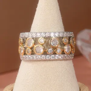 Two tone bubble ring, light luxury niche design, wide version starry sky ring, white gold gold-plated double-layer hollow zircon index finger ring