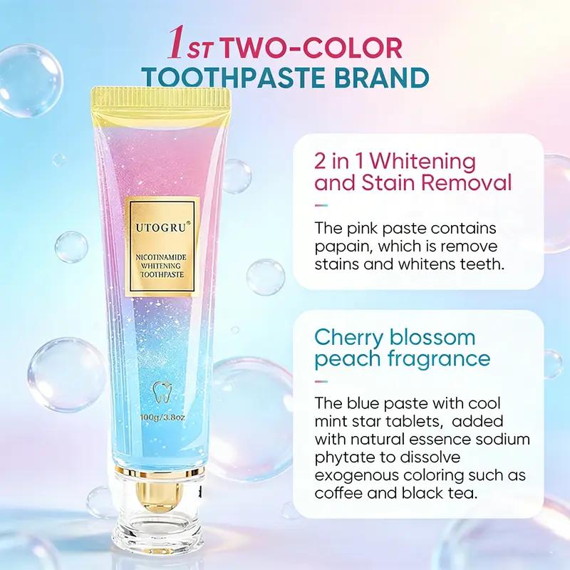 2-Piece Fluoride-Free Toothpaste for Oral Health Management - Anti-Plaque, Anti-Cavity, Whitening with Nicotinamide, Mint Evening Cleansing, Peach Gentle Peroxide for Radiant Teeth