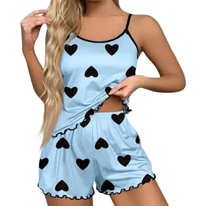 Summer ﻿Pajama Set Pajamas T-Shirts Shorts Pink Heart-Shaped Print Round Neck T-Shirt Ice Silk Top Comfortable Suspender Shorts